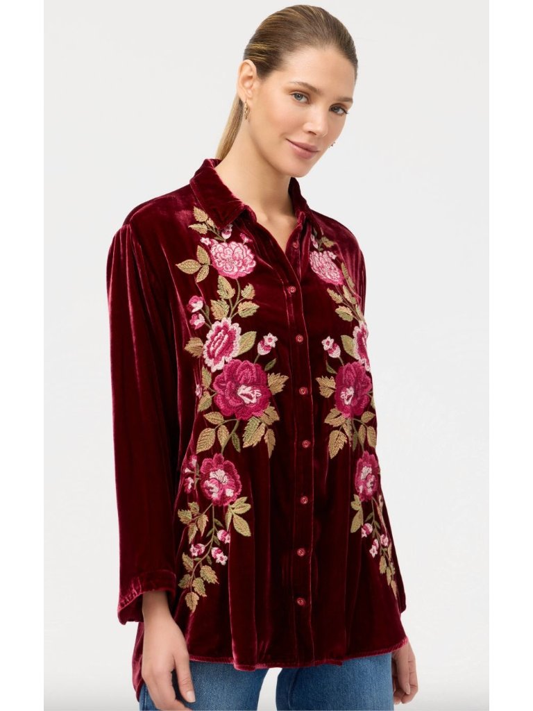 Johnny Was $350 Kimono Sleeve Shirt Ruby Red Small Velvet Floral Embroidered